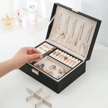 PU kožené šperky box dvojvrstvové drevené šperky box Princezná šperky úložný box kozmetické box