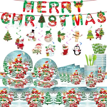 10 Hostí Zelený Vianočný Večierok Papierové Taniere Poháre Jednorázový Riad Cartoon Santa Banner Elk Deti Prospech Veselé Vianoce Dekor