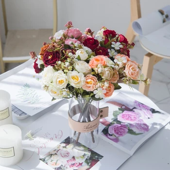 Umelé Kvety Čaj Rose Svadobné Kytice Váza pre Domova Svadobné Festival Strany Dekoratívne Kvety, Vence Falošné Floristics