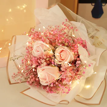 Kreatívne Rose Gypsophila Sušené kvety Kytice + LED Svetlo + Darčeková Taška Kvet Darčeka Valentína, Narodeniny Darček Kytice Nevesty