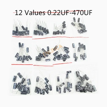 120pcs 12 hodnoty 0.22 UF-470UF Hliníkové elektrolytický kondenzátor sortiment kit set pack 16v 50 0.22 uf 0.47 uf 1uf 2.2 uf 4.7 uf 22uf