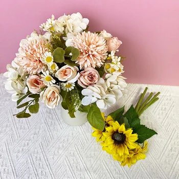 Sillks umelé kvety, harmanček, ruža pre svadobné dekorácie falošné kvetinové dary izba váza, jedálenský stôl Kytice STENU decor urob si sám
