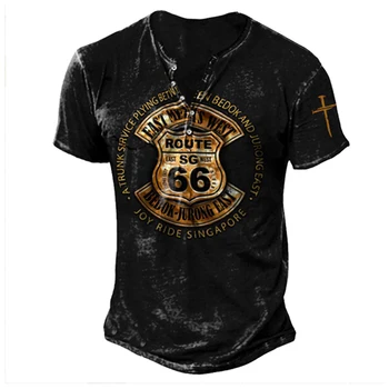 FEGKZLI Mužov Punk Štýl, T Košele Nadrozmerné Pohode Bežné Krátke Sleeve T-shirt Amerike Route 66 Listov V Krku Topy