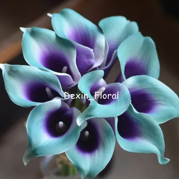 Sivozelená Fialová Picasso Kala Ľalia Skutočný Dotyk Kvety Pre Hodvábne Svadobné Kytice, Umelé Kala lily