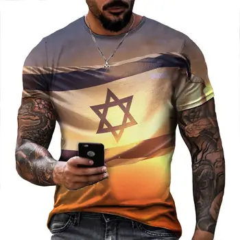 Letné Hot Predaj Izrael Vlajka Retro Krátkym rukávom pánske T-shirt 3D Tlač Etnických Abecedy Harajuku Fashion T-shirt pánske Golier