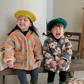 Dievča Kabát 2022 Zimné kórejských Detí Teplá Bunda V Krku Fleece detský Kabát Troch-dimenzionální Kvet Plus Zamatový Kabát