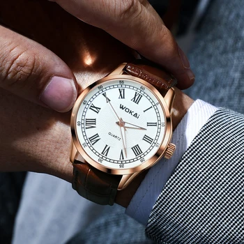 WOKAI kvalitnú módu tri oko mužov kožený opasok quartz hodinky pánske Roman nepremokavé hodiny jednoduché retro
