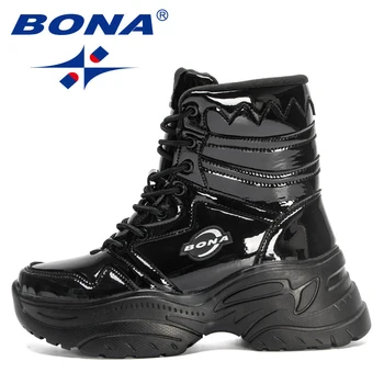 BONA 2023 Nových Dizajnérov Patent Kožené Členkové Topánky Ženy, Luxusné Značky Platforma Topánky Dámy Robustný Vysoký Vrchol Plyšové Teplá Obuv