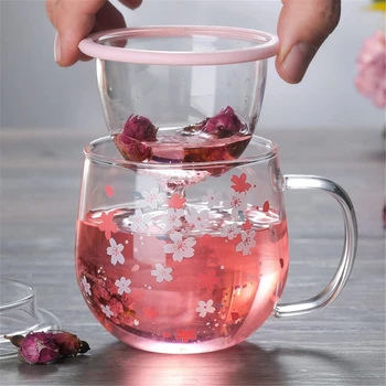 300 ml Sakura Hrnček Skla hrnček S Čajom Infuser Filter&Lid Cherry pohár nastaviť Kvety Kvetinové Teacup Transparentné žiaruvzdorné Sklá