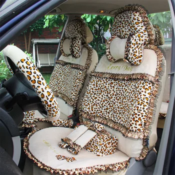 18pcs Leopard Tlač Čipky Auto prestieranie pre Ženy Univerzálny Krátke Plyšové Zime Auto prestieranie Sady Interiérové Doplnky