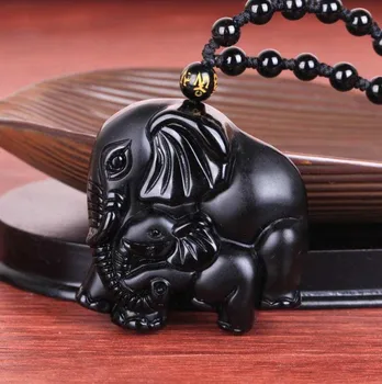 Ručné Om Korálky Reťazca Prírodné Čierna Obsidián Vyrezávané Matka Dieťa Cute Elephant Amulet Lucky Náhrdelník S Príveskom