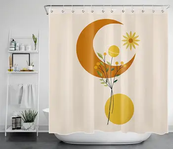 V polovici Storočia Sprchový Záves pre Kúpeľňa, Abstraktné Geometrie Slnko Terakota Vaňa Záclonové Háčiky Moderný Minimalistický Polyester Textílie