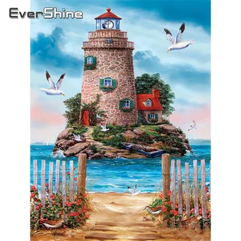 EverShine 5D DIY Diamond Maľovanie Maják Cross Stitch Diamond Mozaiky Prímorské Obrázok Kamienkami Krajiny Domáce Dekorácie