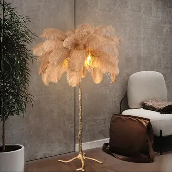 Nordic Výzdoba Domov Pštrosie Perie Poschodí Lampa Moderné Luxusné Medi stojacie Lampy pre Obývacia Izba Živice Stojí Svetlo Osvetlenie