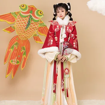 Zimné Hanfu Princezná Dynastie Ming Velvet Kolo Krku Kabát Cloud Ramenný Skladaná Sukňa Oblek