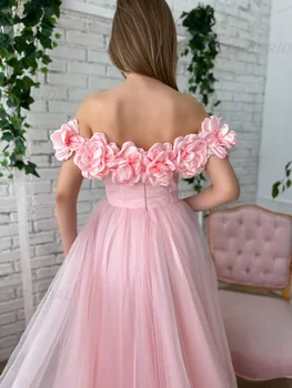 Ružová Princezná A-Line Večerné Šaty 3D Kvety Ramena Víla Prom Šaty Členok Dĺžka Dlho Koktail Party Šaty Nové