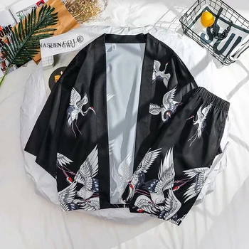 Tlač Japonské Kimono Mužov Oblečenie T-shirt Bavlna Národnej Štýl-Krátke Rukávy Ostrihané Nohavice Letné Muž Dvoch-Dielny Kostým