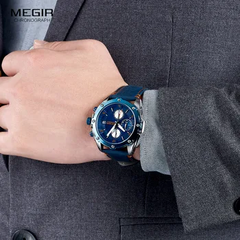 MEGIR pánske Quartz Chronograf Hodinky Kožený Remienok Armády Príležitostné Športové Náramkové hodinky Muž Relogios Masculino Hodiny 2074 Modrá