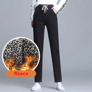 Rúno Čierne Džínsy Ženy Zimné Elastický Pás Hrubé Teplé Trend Leopard Tlač Mladých Módnych Džínsové Nohavice Hárem Nohavice Streetwear