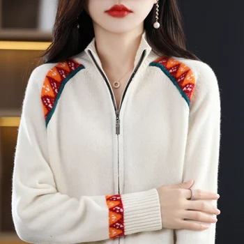 Žakárové vlna farby zodpovedajúce zips cardigan sveter na jeseň a v zime žien bežné jednoduché farebné pletené sveter kabát