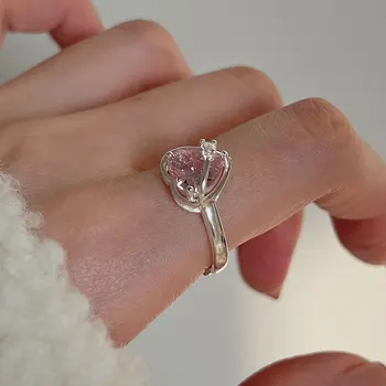 CIAXY Strieborná Farba Ružová Zirkón Láska Prstene pre Ženy Lady Broskyňa Srdce Svadobné Otvoriť Krúžok Nové Módne Šperky Dary