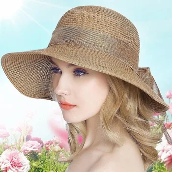 Nové Letné Vonkajšie Cestovné Beach Sun Hat Ženy UV Ochrany Floppy Panamský Klobúk Bowknot Široký Okraj Slamy Spp
